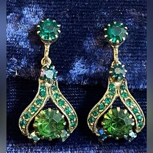 Vintage Elegant Green and Gold Drop clip on Earrings